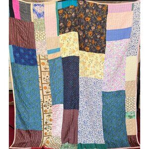 Vintage 1960s Strip Scrap 2-Sided Quilt Treadle Sewing Machine Quilted 80x72